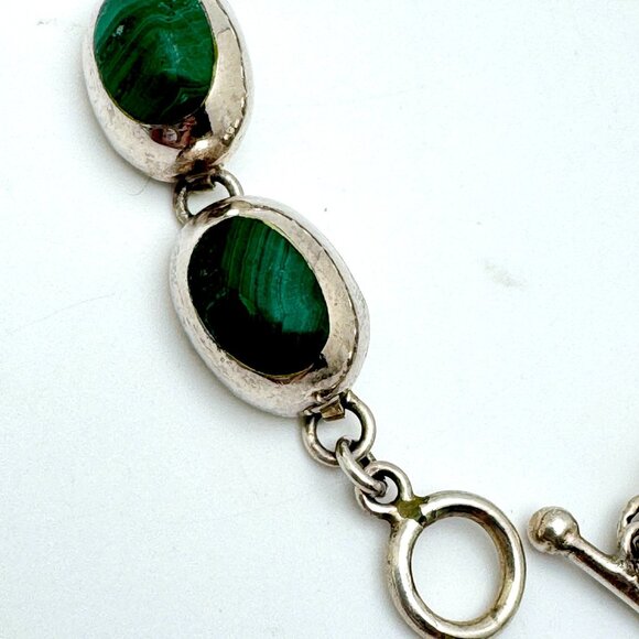 Vtg Mexico 925 Sterling Silver Malachite Bracelet 7.5 Oval Links Toggle Clasp - Picture 10 of 13